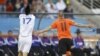 South Africa -- Netherlands' Arjen Robben (R) celebrates his goal next to Slovakia's Marek Hamsik during the 2010 World Cup second round soccer match in Durban, 28Jun2010